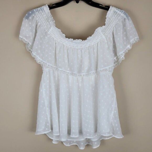 Torrid Size 1X Swiss Dot Off-Shoulder Top Lace Short Sleeve Blouse White - Picture 5 of 11